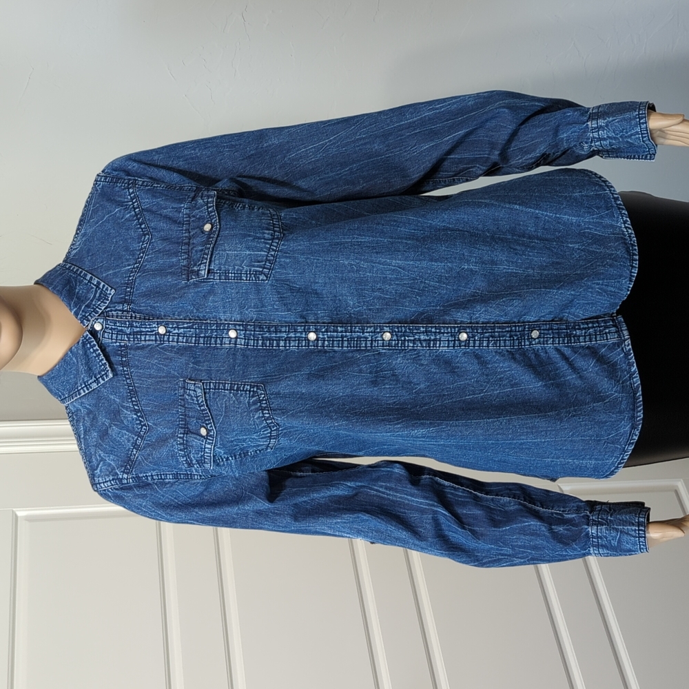 Arizona Jeans Company Washed-Look Denim Collared Longsleeve Shirt Size L Cotton